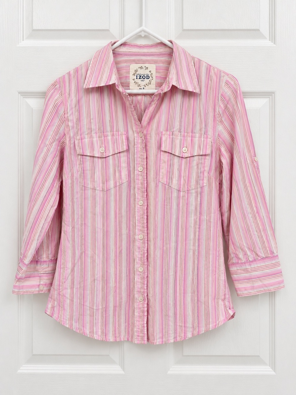 IZOD Women’s Pink Striped Button Front Shirt Roll Tab Sleeves Size S